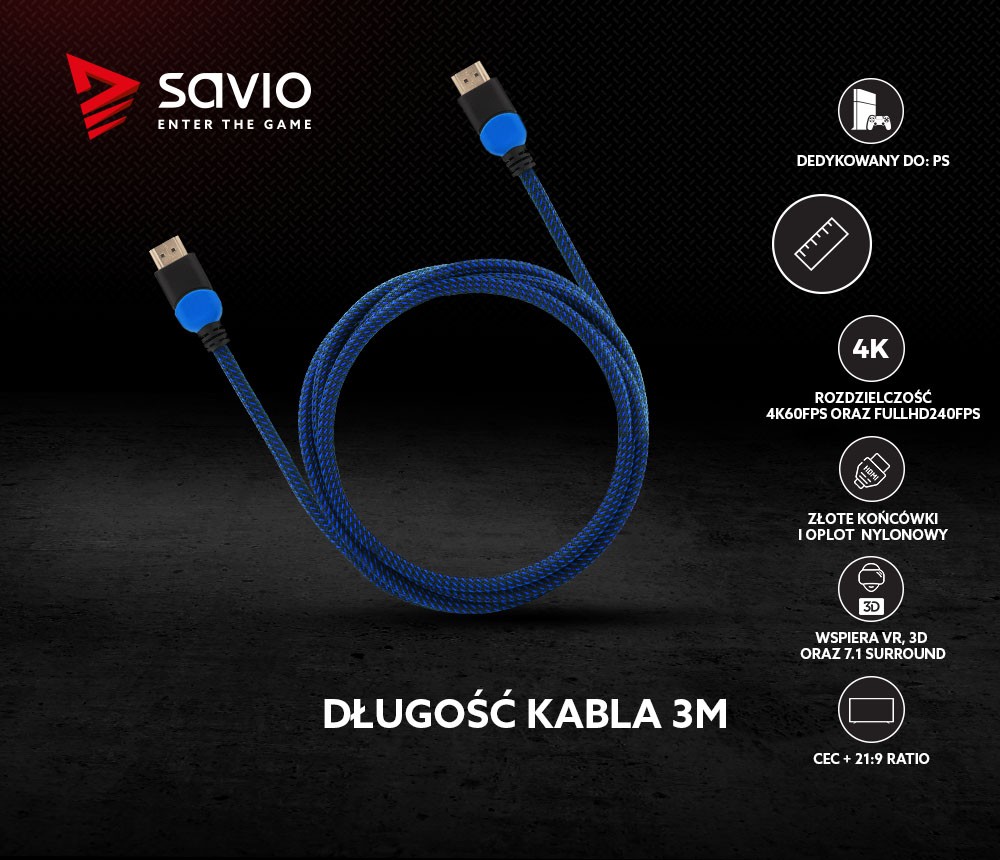 Kabel HDMI 2.0 dedykowany do Playstation niebiesko-czarny 3m, GCL-05
